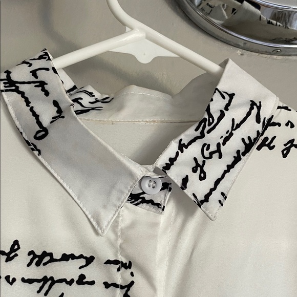 White button down collar Script-Print Mini Dress or Tunic XS - Picture 6 of 8